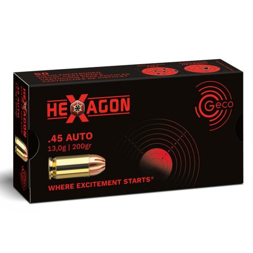.45 acp geco hexagon 200gr, .45 ACP, GECO, Hexagon, 200gr, tir sportif, précision, performance fiable, munitions de qualité.