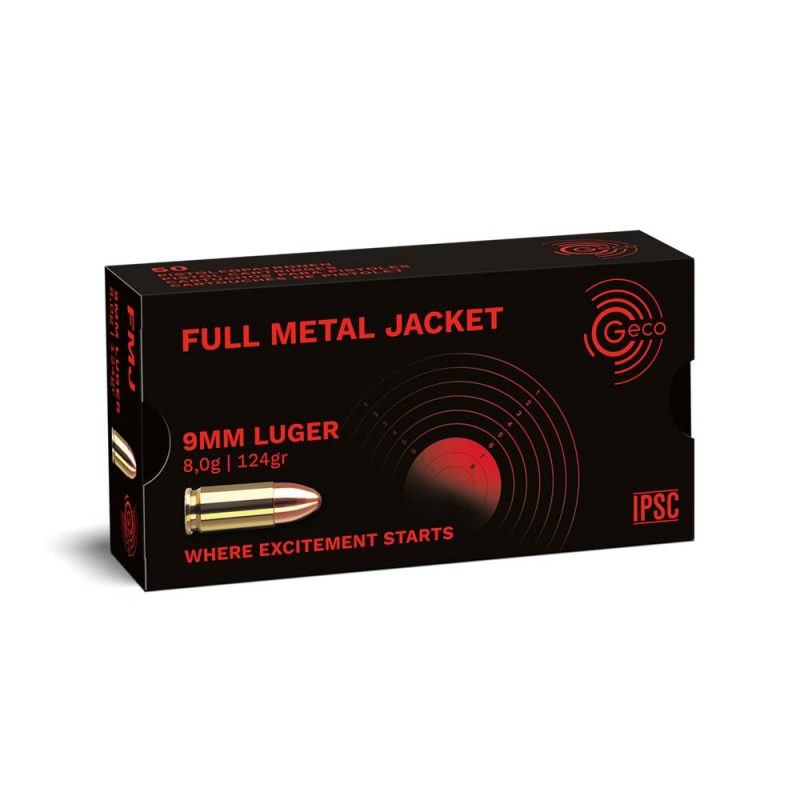9x19 geco 124gr fmj, 9x19, GECO, 124gr, FMJ, tir sportif, précision, performance fiable, munitions de qualité