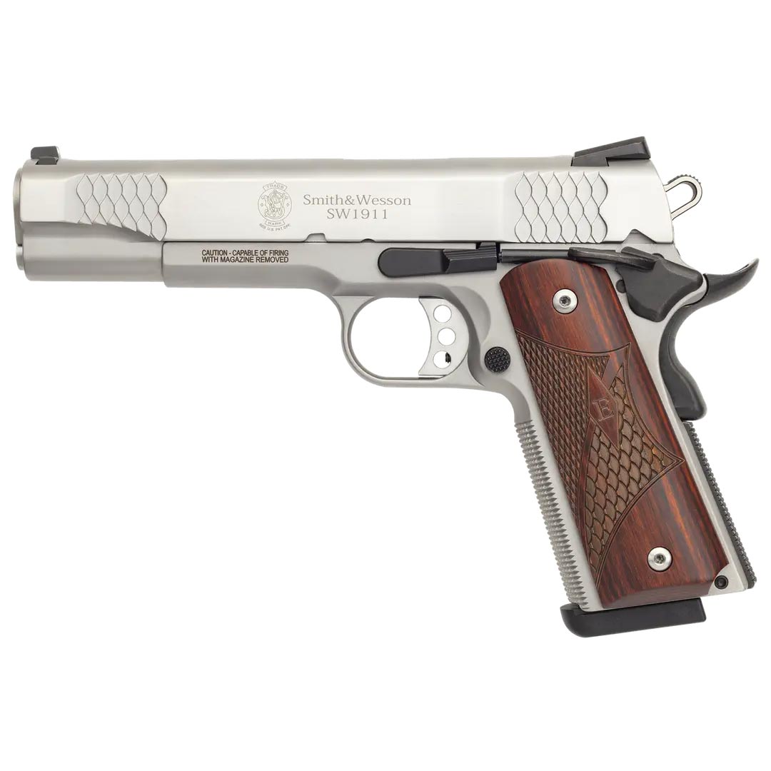 smith & wesson sw1911 e series .45acp, Smith & Wesson SW1911, E-Series, .45 ACP, 1911 inox satiné, PISSW108482, Martin Armes, tir sportif, arme catégorie B, plaquettes bois écailles, RGA BG711.