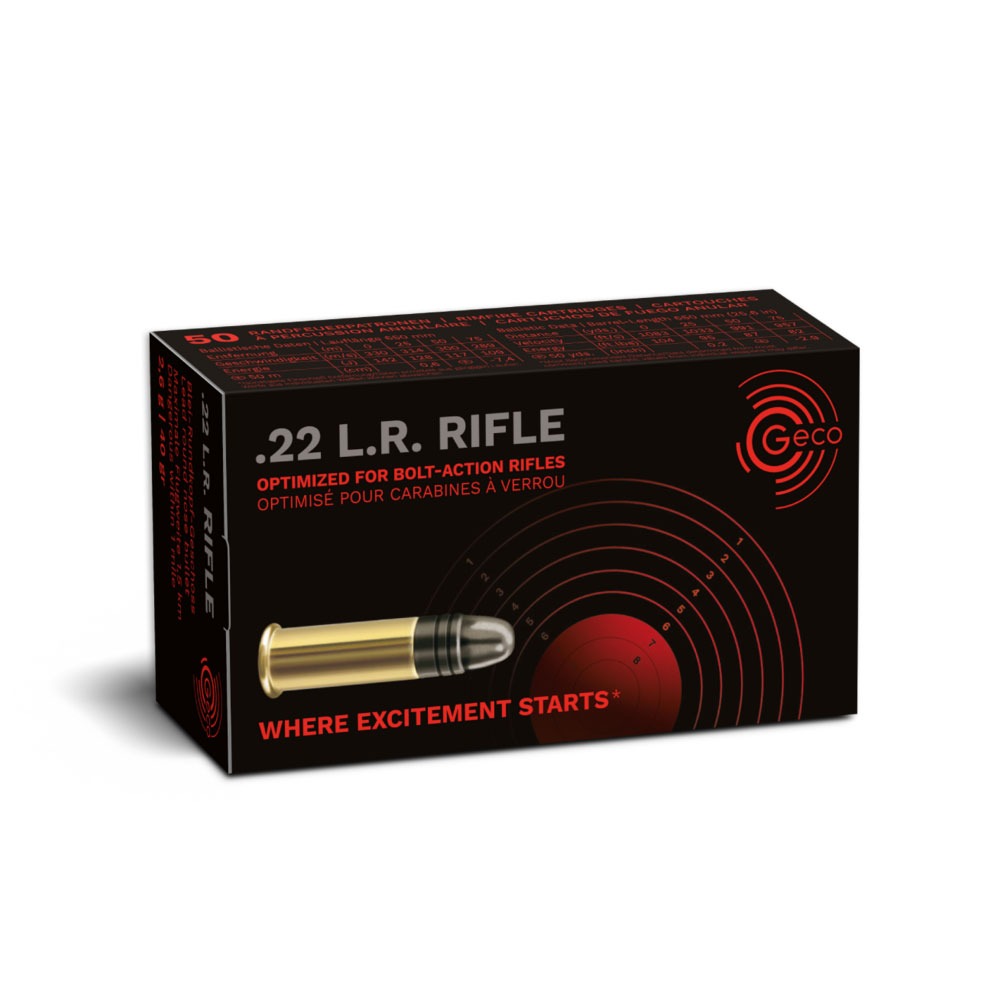 .22lr geco rifle 40gr, GECO .22 LR, 22LR 40 gr, GECO .22 RIFLE, cartouches 22LR carabine, 22LR 142 J, cartouches 50 boîtes, munitions .22 GECO