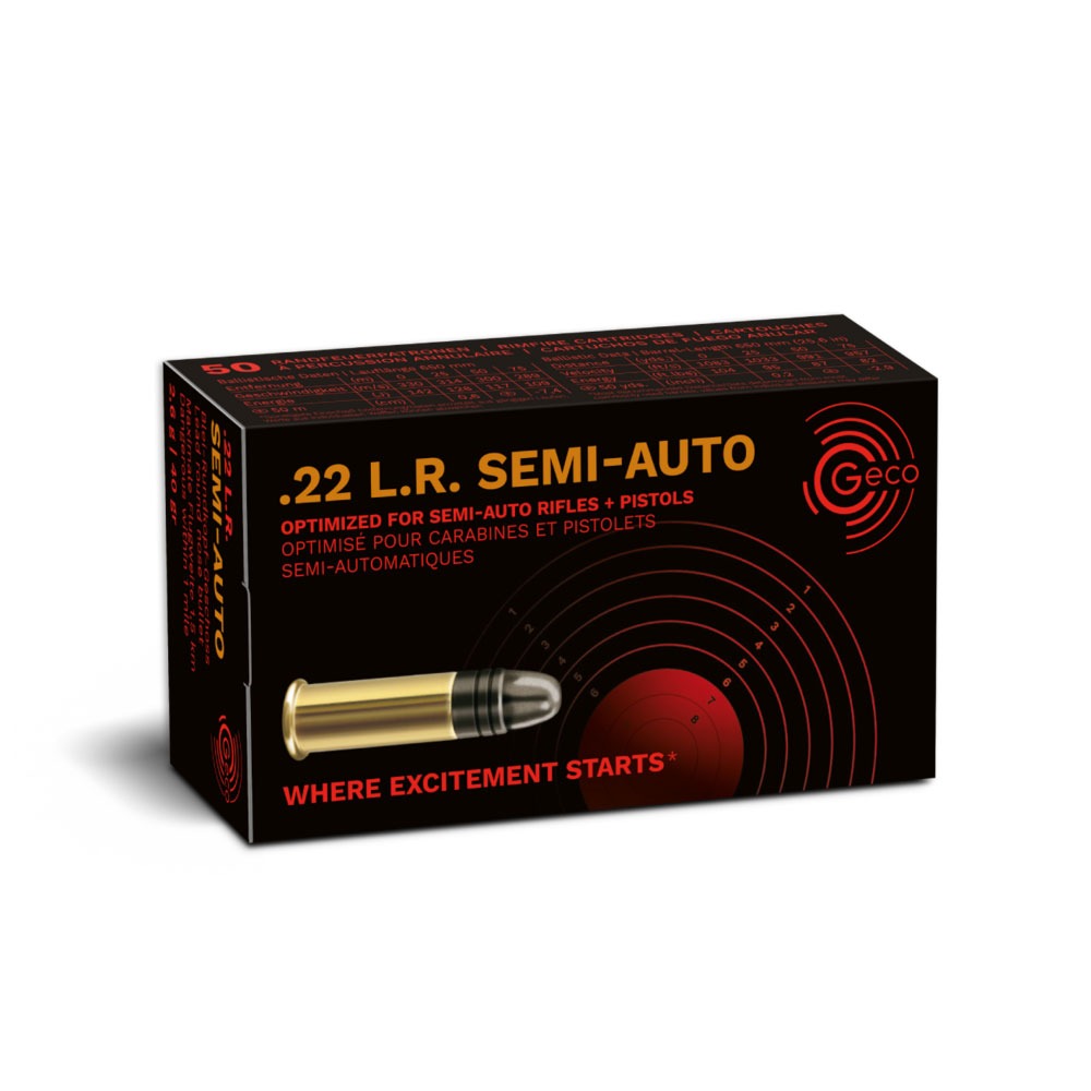 .22lr geco semi auto 40gr, GECO .22 LR Semi-Auto, 22LR 40 gr GECO, cartouches .22 semi-auto, GECO 2318599, 22LR 40gr boîte 50, munitions semi-auto 22LR