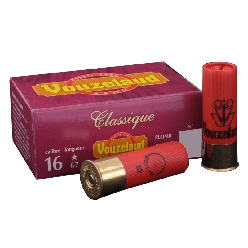 vouzelaud classique 16/67 28g bj pb2, Vouzelaud, cartouche de chasse, 16/67, 28 grammes, bourre à jupe, plomb N°2, munition de chasse, haute qualité, performance, tradition, précision, armurerie jura, armurerie dole