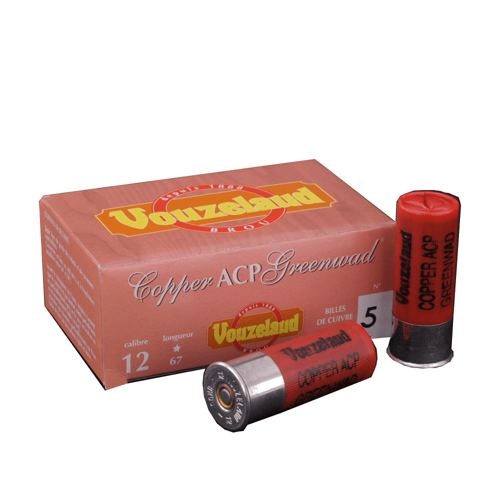 vouzelaud copper acp greenwad 12/67 28g bj, Cartouches de chasse, munitions de tir sportif, calibre 12, Vouzelaud, performance de tir, plomb cuivré, bourre biodégradable, précision de tir.