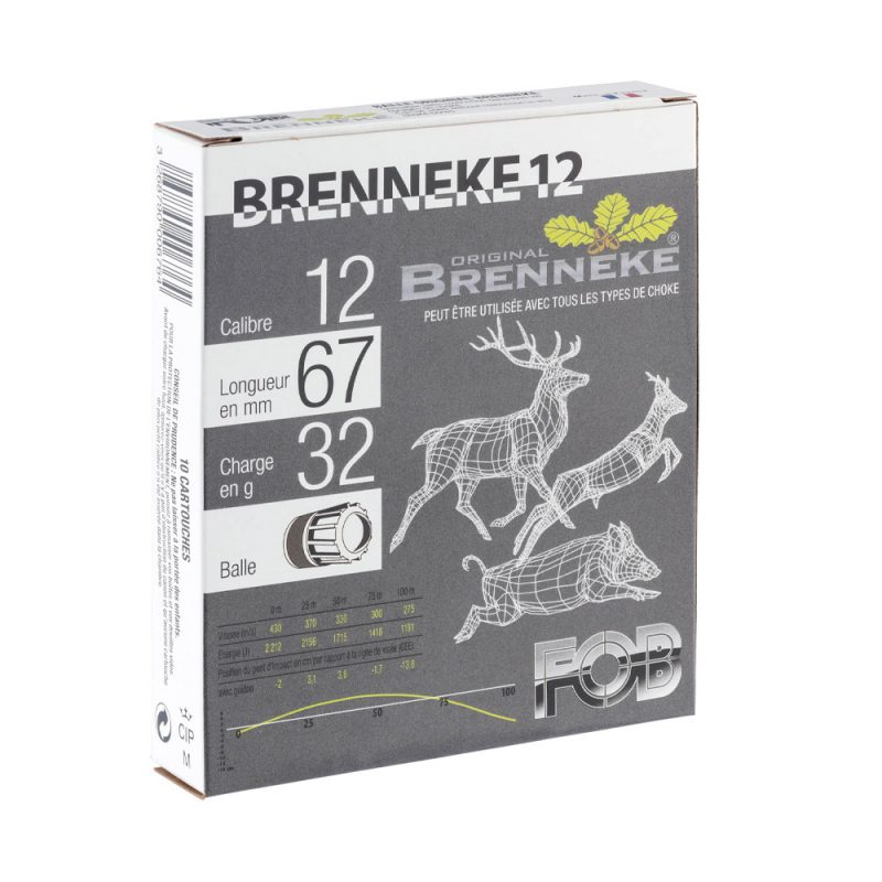 fob brenneke 12/67 32g x10, FOB Brenneke 12/67, cartouches 12/67 32g, munitions grand gibier, balle Brenneke, chasse au sanglier, cartouches chasse cerf, munitions à ailettes, cartouches de chasse