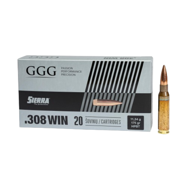 .308win ggg sierra fmj hptb 175gr, .308 WIN, munitions .308, cartouches .308 Winchester, GGG SIERRA, FMJ HPBT, balles 175 grains, munitions de précision, munitions chasse, munitions tir sportif, performance balistique, énergie 3720 J, vitesse 810 m/s, munitions non corrosives, étui CuZn30, calibre .308 Winchester, munitions haute qualité, munitions GGG, munitions Full Metal Jacket, balles HPBT, tir longue distance, munitions plomb antimoine, cartouches fiables, calibre de chasse, cartouches compétition, munitions calibre .308