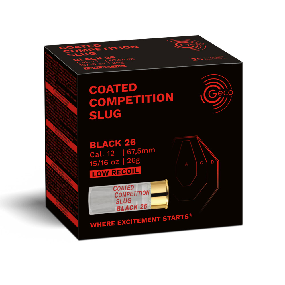 geco coated competition slug black 26 12/67,5, GECO, Coated Competition, Slug Black 26, 12/67,5, cartouches, tir sportif, compétition, précision, encrassement, plomb, balle, fusil, cible, faible recul, téflon.