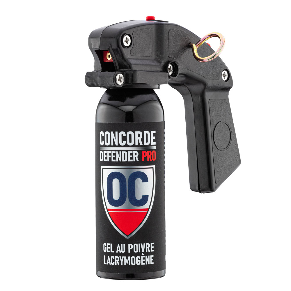 gel defense poivre concorde defender pro 100ml, gel poivre, bombe de défense, self-défense, protection, sécurité, agression, CONCORDE, DEFENDER PRO, 100 ml, OC, oléorésine de capsicum, poignée, made in France, grande capacité.