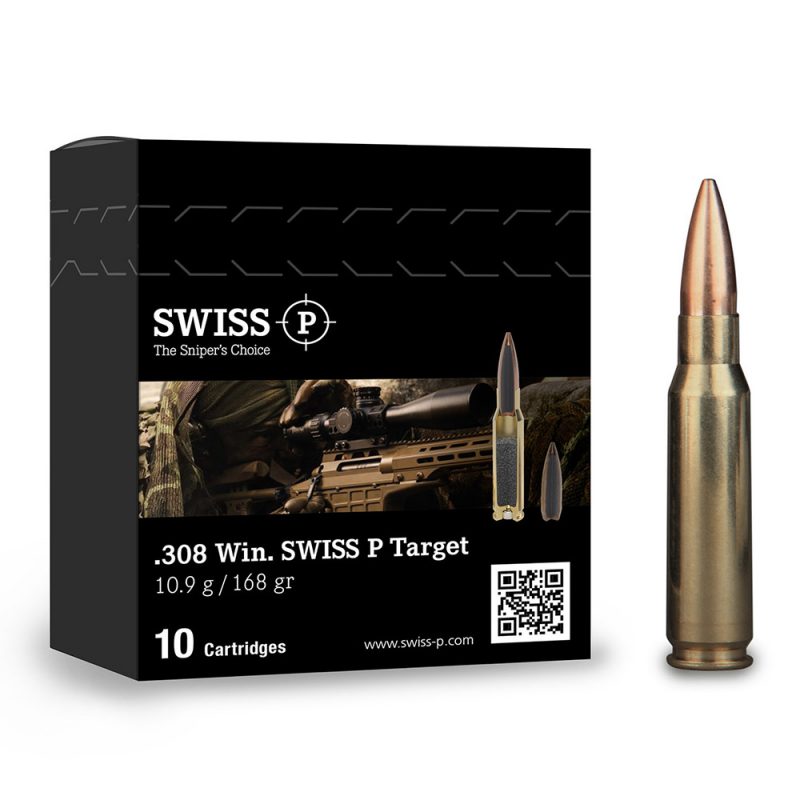 .308win swiss p target hpbt 168gr x10, Swiss P, .308 Winchester, HPBT, 168 grains, munitions, tir sportif, tir à longue distance, précision, balistique, boîte de 10, Suisse.