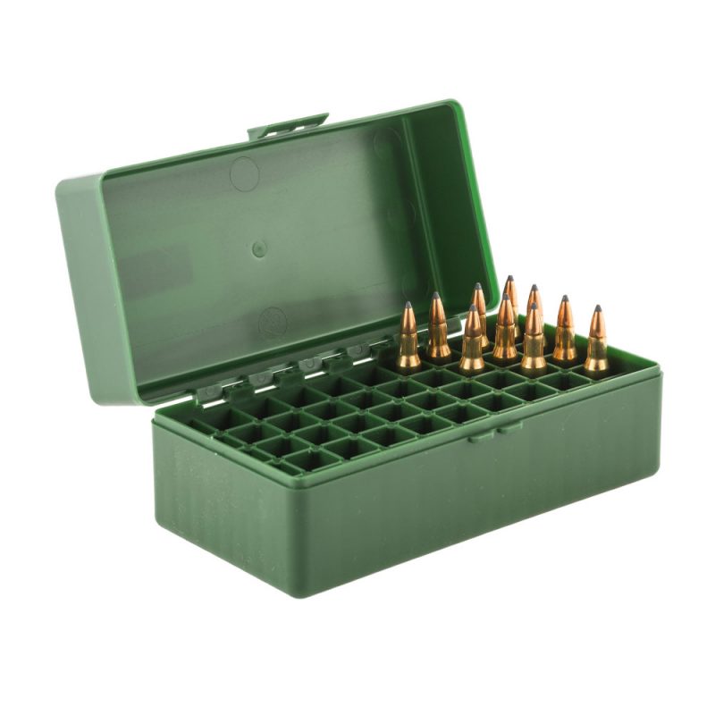 boite de 50 munitions pour .222/.223, boîte de rangement, munitions, .222 Remington, .223 Remington, stockage, transport, organisation, protection, plastique, cales de réduction.