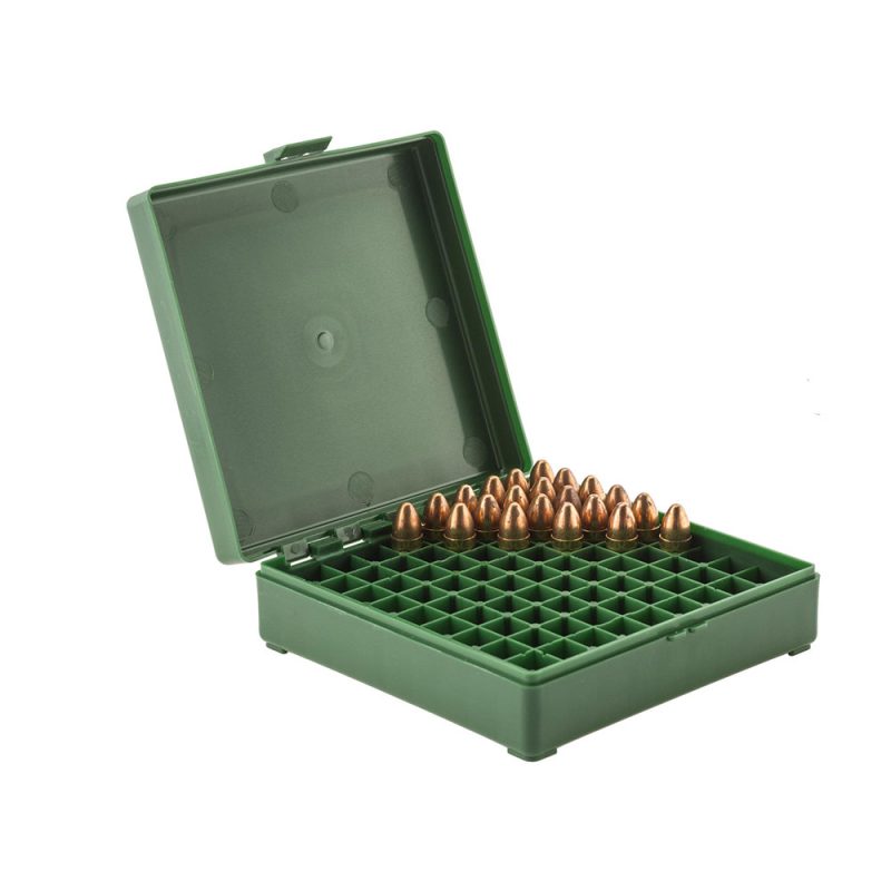 boîte de rangement 100 munitions cal. 9 x 19, boîte de rangement, munitions, 9x19, 380 ACP, 9x18, 9x21, stockage, transport, organisation, protection, plastique.