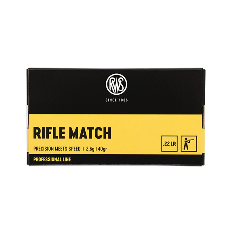 ..22LR match, RWS Rifle Match, munition .22LR précision, balle .22LR compétition, cartouche 22LR entraînement, munitions petit calibre RWS, RWS .22LR 2.6g, tir sportif 22LR, RWS Rifle Match 330 m/s
