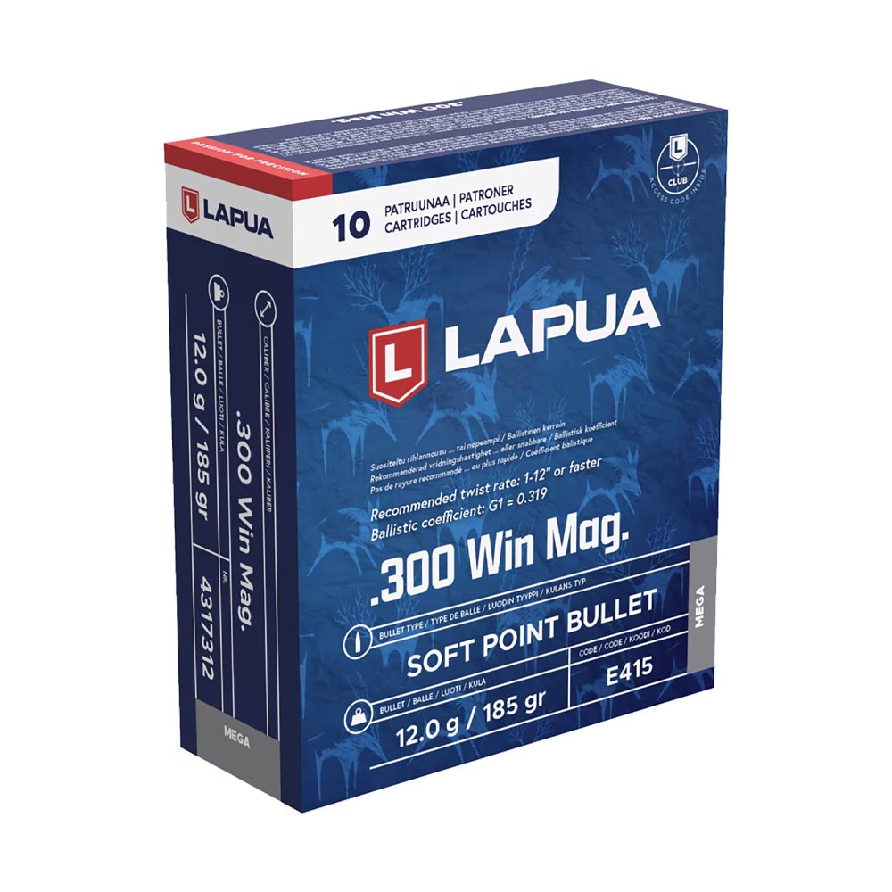 .300 win mag lapua mega soft point 185gr x10, .300 win mag lapua, munition chasse lapua mega, balle soft point 185gr, cartouche lapua 300wm, munition longue distance .300wm, 300 win mag expansion plomb, lapua e415