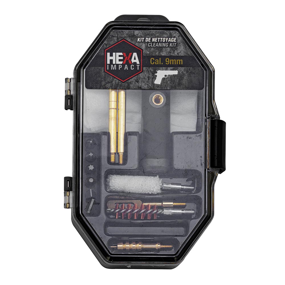 KIT DE NETTOYAGE HEXA IMPACT cal 9mm, kit nettoyage 9mm, kit entretien pistolet, hexa impact 9mm, kit nettoyage arme de poing, accessoire entretien arme