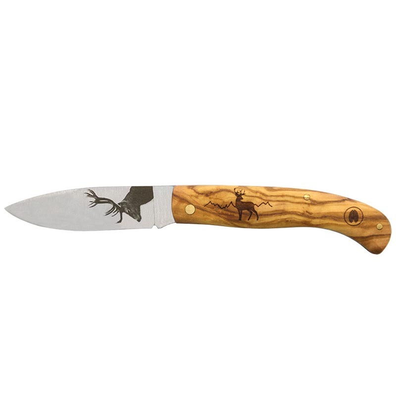 agora tec – série personnalisée 78 “cerf” lame 80mm, Agora Tec AP78CER, couteau Cerf, couteau gravure cerf, couteau lame gravée, couteau olivier, couteau pliant gravé, couteau cran forcé, couteau inox 420, couteau de poche bois, couteau personnalisé bois, couteau artisanal Agora Tec, couteau forêt, couteau série 78, couteau collection gravé