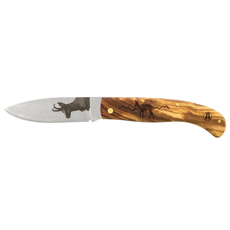 agora tec – série personnalisée 78 “chamois” lame 80mm, Agora Tec AP78CHA, couteau Chamois, couteau gravure chamois, couteau lame gravée, couteau olivier, couteau pliant gravé, couteau cran forcé, couteau inox 420, couteau de poche bois, couteau personnalisé bois, couteau artisanal Agora Tec, couteau montagne, couteau série 78, couteau chamois tête gravée