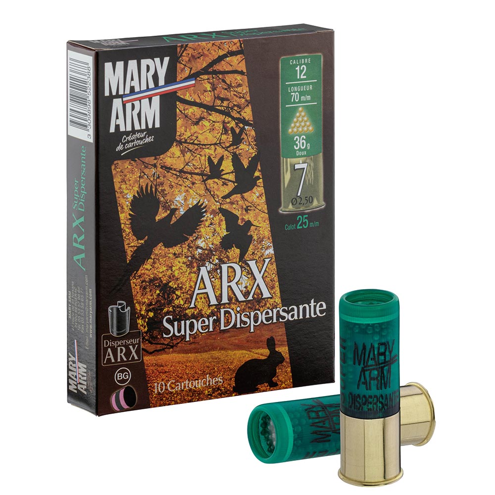 mary arm arx super dispersante 12/70 pb8 bg,, mary arm, cartouche 12/70, arx super dispersante, plomb 8, bourre grasse, disperseur arx, cartouche chasse petit gibier, mary arm france, 36g 12/70, boîte 10 cartouches
