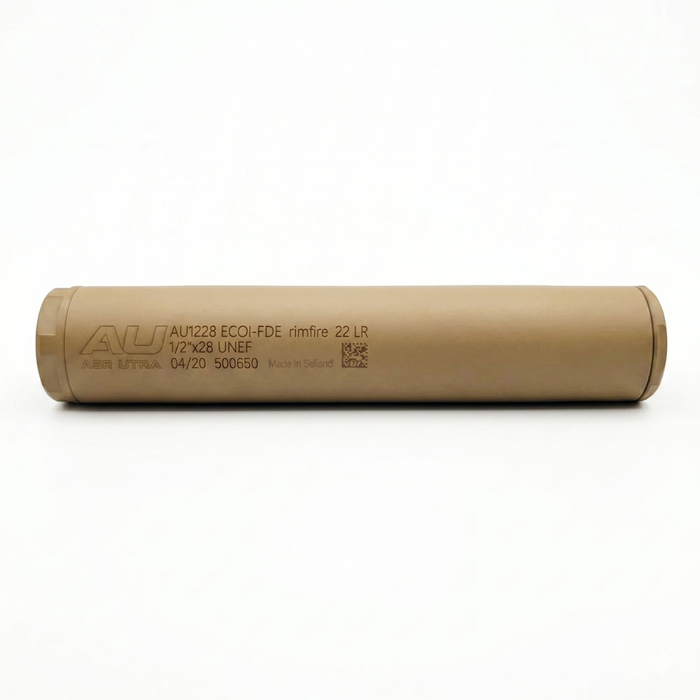 ase utra rds ecoi fde rimfire.22lr, Calibres compatibles : .22 LR, .22 WMR et .17 HMR. Atténuation sonore : 27–32 dB. Poids : Env. 105 g. Longueur totale : 140 mm. Diamètre : 28 mm. Allongement de l'arme : 125 mm. Finition : Cerakote FDE (Flat Dark Earth). Filetages disponibles : 1/2"x20 UNF ou 1/2"x28 UNEF.