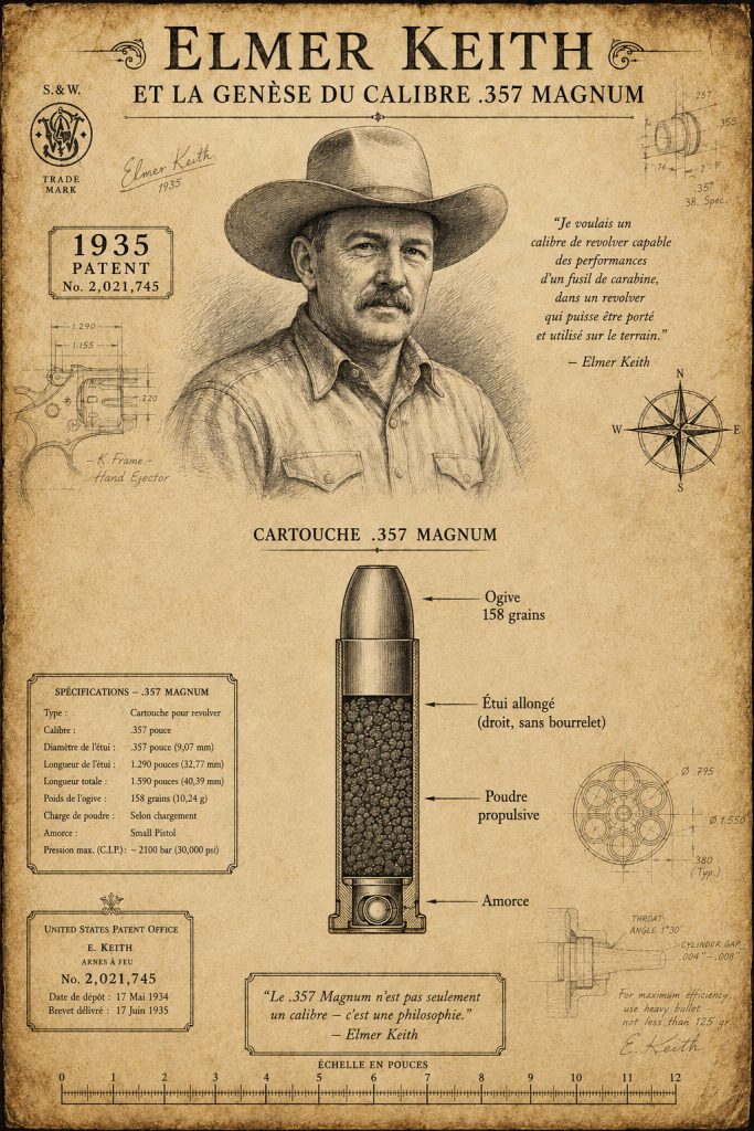 Portrait historique d'Elmer Keith, pionnier du rechargement et co-créateur du calibre .357 Magnum.