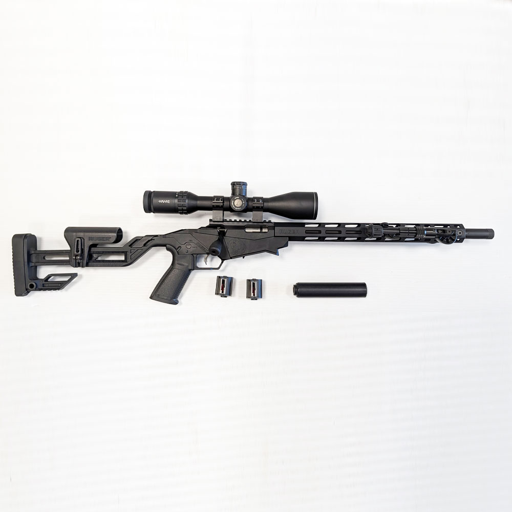 Achetez ce pack d'occasion Ruger Precision Rimfire .22LR. Inclus : lunette Hawke Sidewinder 30 SF 4-16x50 (SR Pro II), bipied, silencieux et 2 chargeurs.