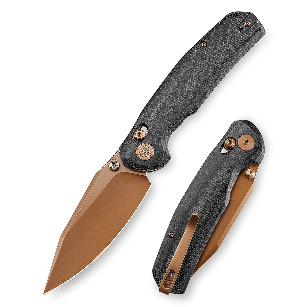 Couteau pliant acier 14C28N chasse et EDC, Couteau Trivisa Hornet-BM manche Micarta, Acheter couteau outdoor Axis Lock roulements céramique, Couteau de poche lame Rose Gold Drop Point, Avis couteau pliant Trivisa EDC survie