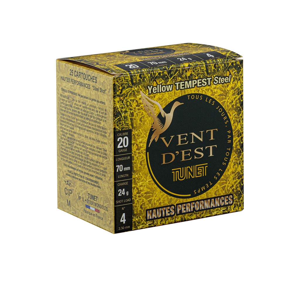 Cartouches Tunet acier 20/70, Tunet Yellow Tempest calibre 20, munition sans plomb chasse marais, cartouche 20/70 acier haute performance, Tunet 1015AQ005A, bille acier N4 calibre 20, cartouche chasse zones humides. TUNET-VENT-D'EST-Yellow-Tempest-Acier-HP-20-70-24g-PB4